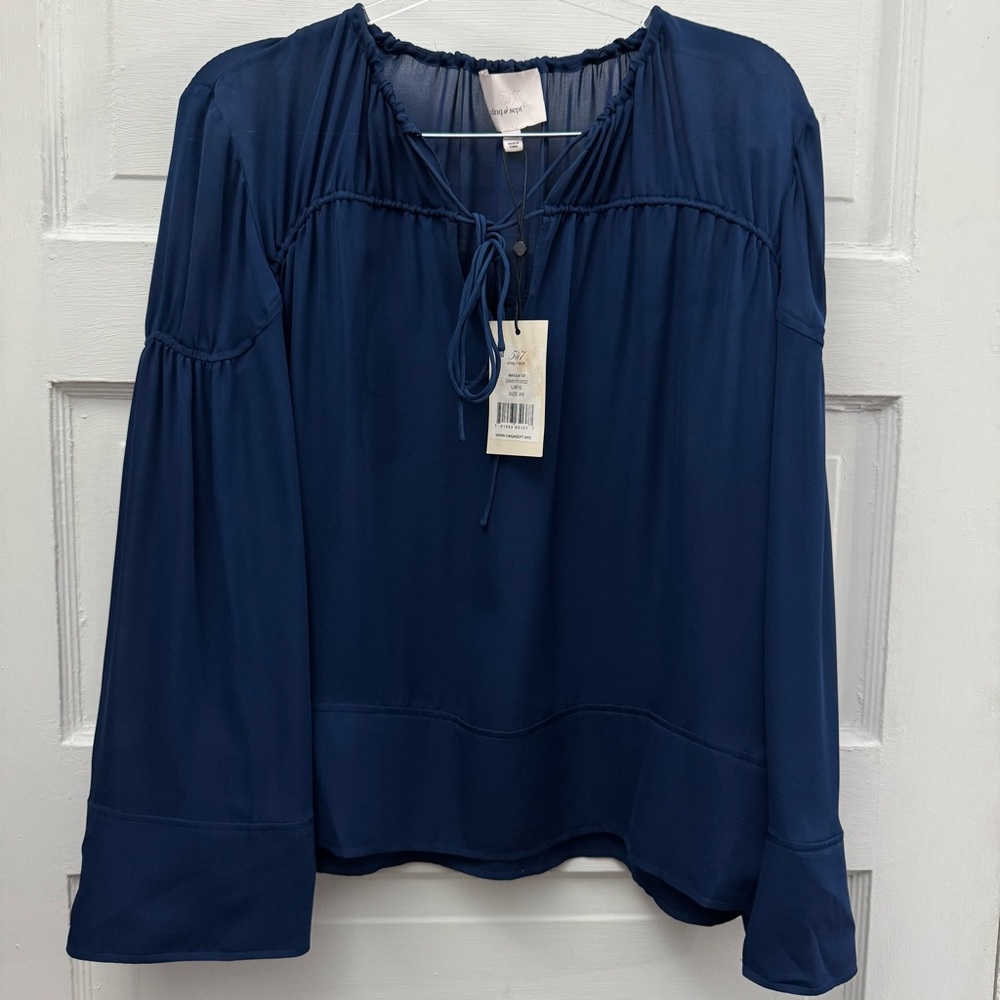Cinq à Sept Silk Anatolia Blouse Lapis Blue Tie Neck Boho Luxe NWT